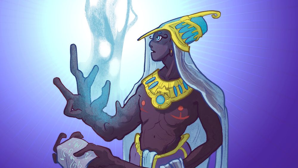 The Sorcerer looks in wonder at the energy rising from his branchlike, misshapen hand.