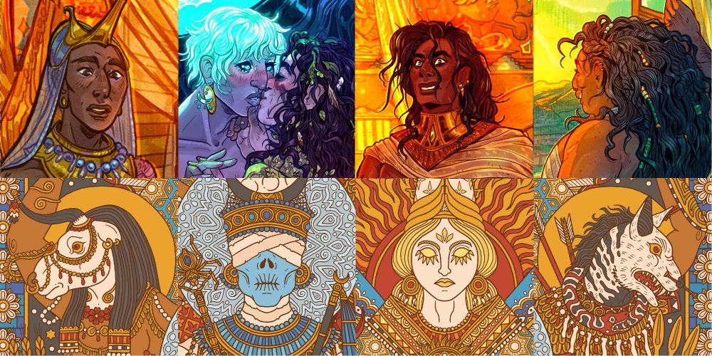 Images of five adventurers and five gods, including the Sorcerer, Vessel, Wolfling, Sword, Sailor, a cow-headed goddess of rivers, a blind moon god, a glaring sun goddess, and a hyena-headed god of war