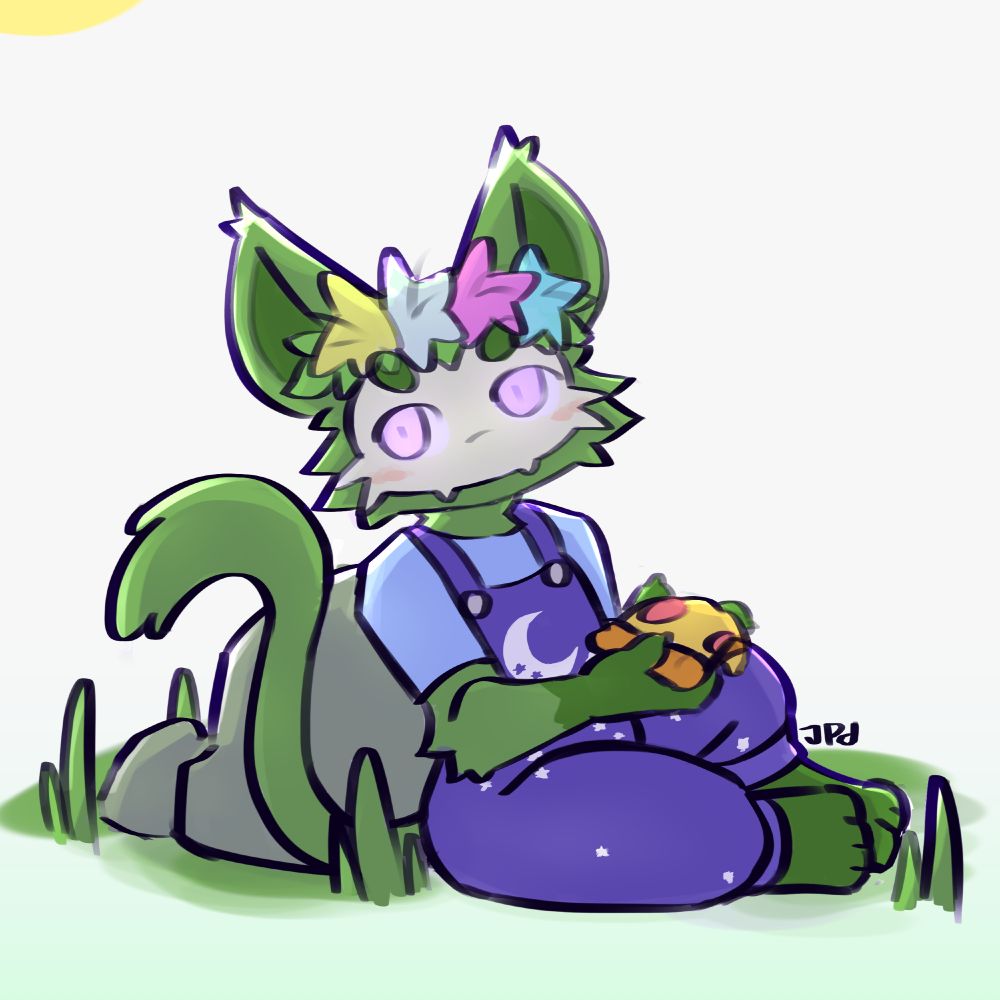 Kiruhi the leafy Skullcat (The cool critter from Super Animal royale) laying down eating a slice of pizza against a rock, looking at you