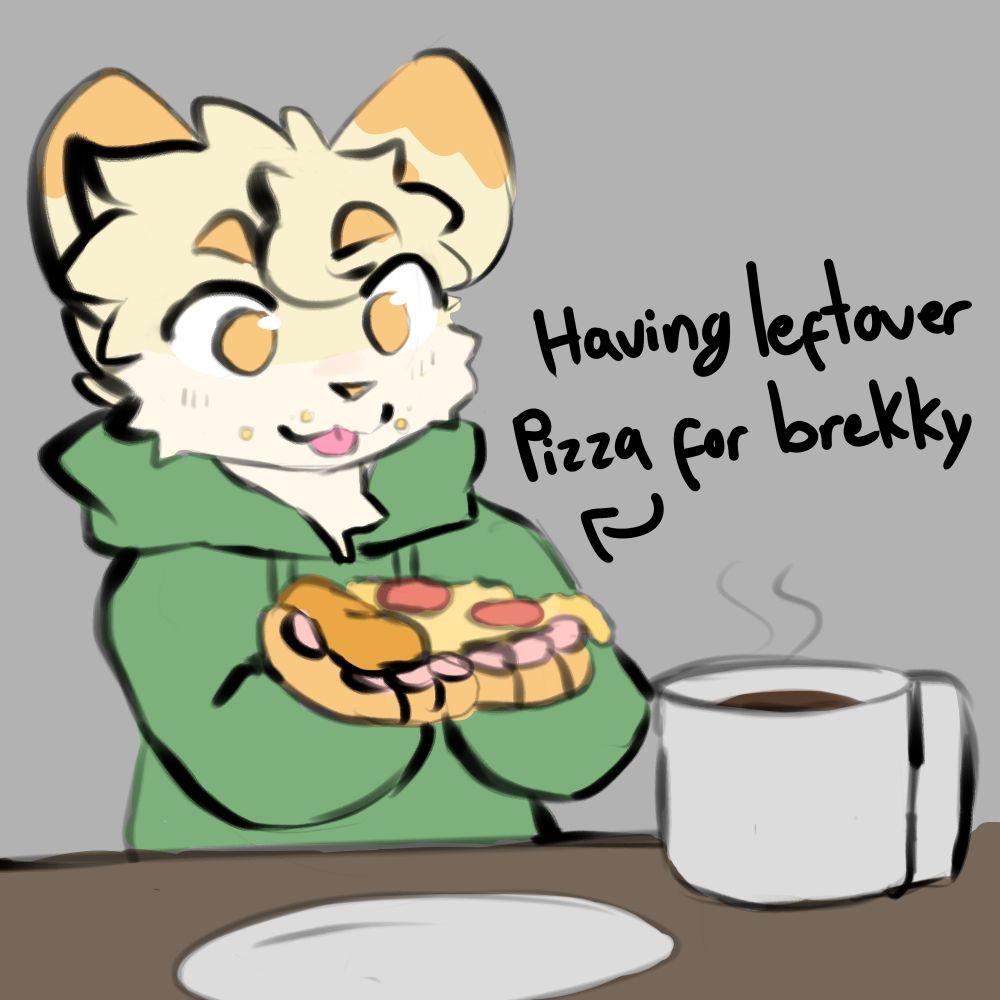 Doodle with Jacket cat munching on some leftover pizza for breakfast. also we are having a SURPRISE ART RAFFLE

