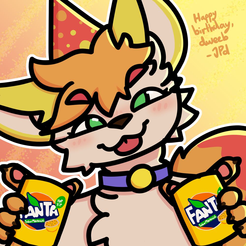 Birthday art for Albafox, looking bright with a party hat holding two passion fruit fanta cans :3