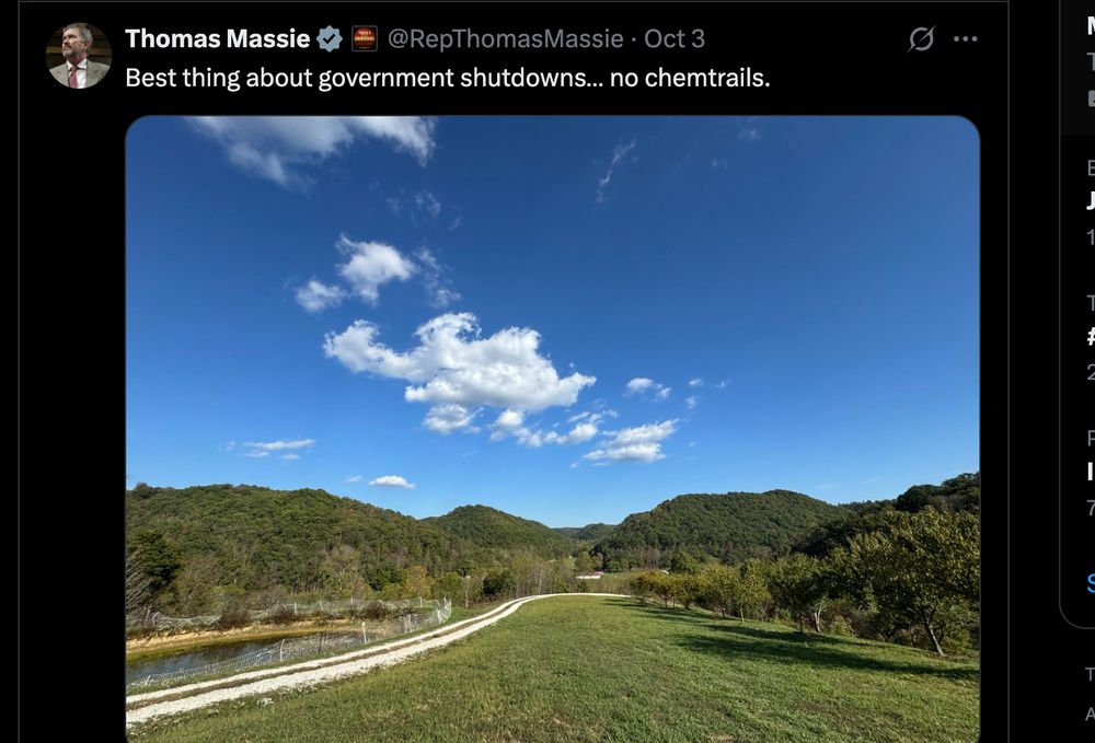 Thomas Massie post on x with a photo of a blue sky with a few light clouds -- "Best thing about government shutdowns...no chemtrails."