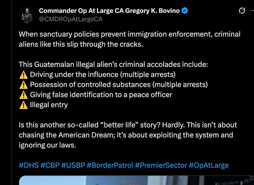 When sanctuary policies prevent immigration enforcement, criminal aliens like this slip through the cracks. 

This Guatemalan illegal alien’s criminal accolades include:
⚠️ Driving under the influence (multiple arrests)
⚠️ Possession of controlled substances (multiple arrests)
⚠️ Giving false identification to a peace officer
⚠️ Illegal entry

Is this another so-called “better life” story? Hardly. This isn’t about chasing the American Dream; it’s about exploiting the system and ignoring our laws.

#DHS #CBP #USBP #BorderPatrol #PremierSector #OpAtLarge