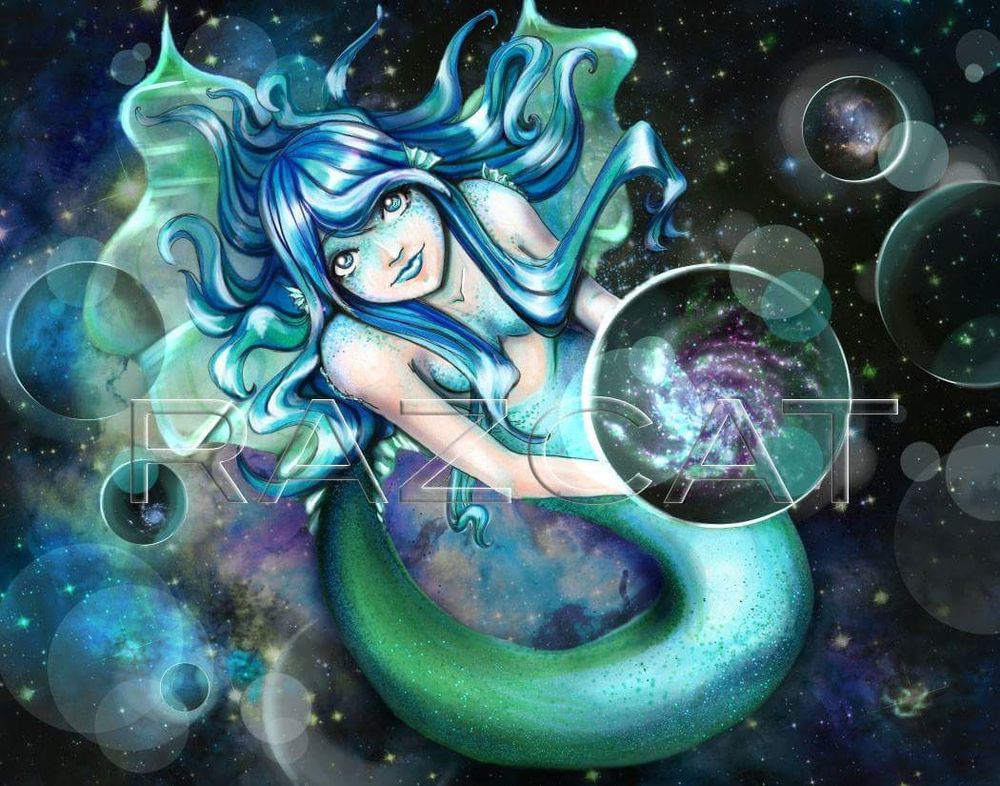 An illustrated mermaid with blue hair and blue/green tail holding a bubble that holds an image of a galaxy. The background has more bubbles with other galaxies. 