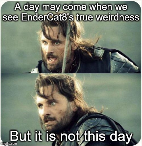 A meme template where Aragorn is giving a speech to his soldiers with the top text "A day may come when we see EnderCat8's true weirdness" and the bottom text "But it is not this day".