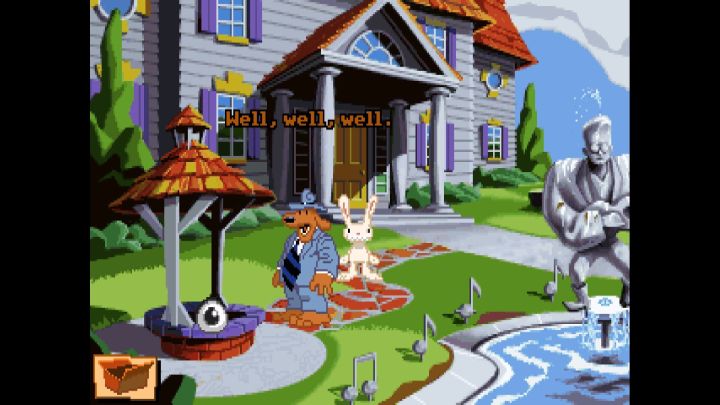 A screenshot of Sam & Max Hit the Road. Sam looks at a well and says "Well, well, well." That's just one example of the sort of zany, mad-cap dialog you can expect from this incredible game!
