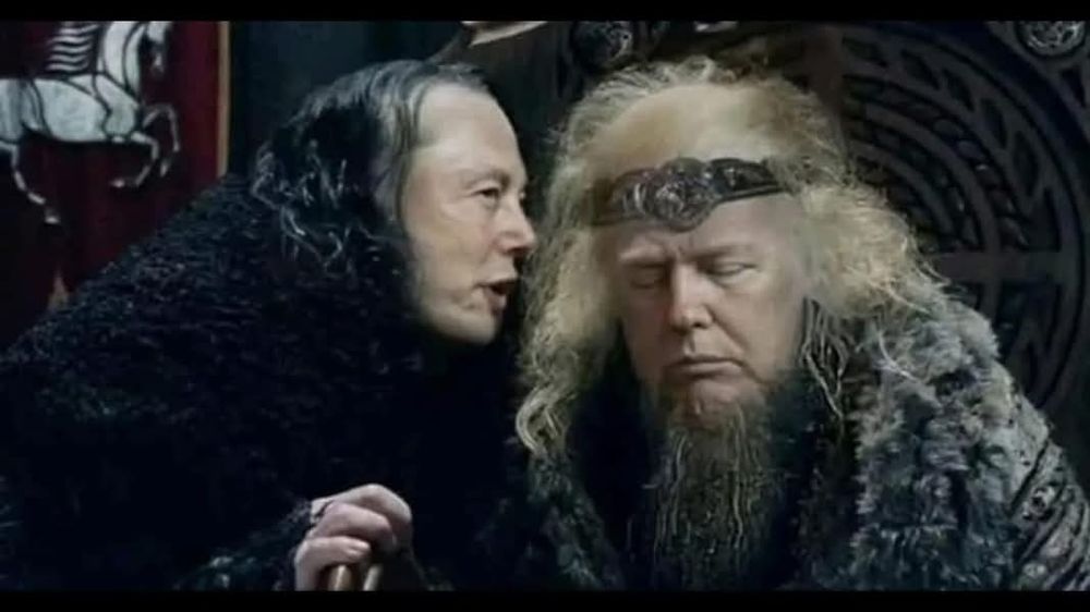 Lord of the Rings meme with Musk whispering to Trump