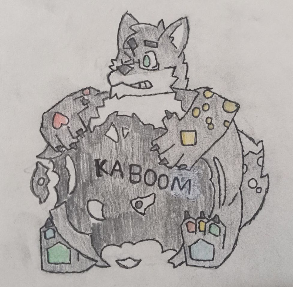 Similarly to the last photo, but this time the wolf balloon seems to have been popped. "Kaboom" text is displayed, primarily from the spot where the safety pin had been pressed as scraps go flying. He seems to be in the middle of bursting apart still.