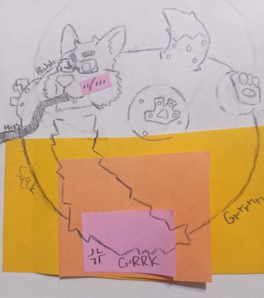 A sketchy drawing, uncoloured with the exception of the three sticky notes (Yellow with Orange ontop, with Pink on the Orange) of a wolf being inflated. There's Groans, Squeaks, and Creaks emitting from the body while the hose keeps hissing away making a "psssssh" sound as it enters the wolf balloon.