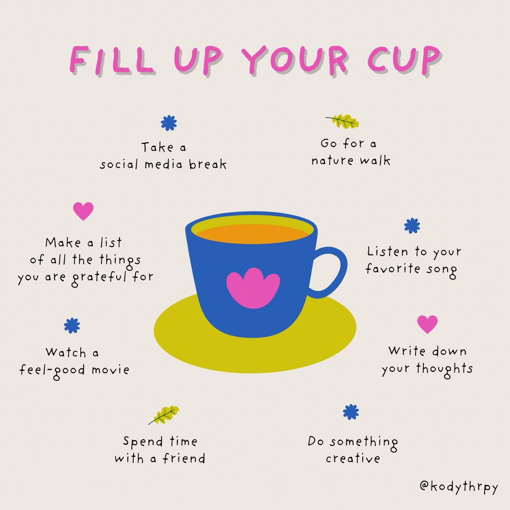 A colorful graphic titled ‘Fill Up Your Cup’ featuring a blue mug with a pink heart and yellow liquid on a yellow saucer. Surrounding the mug are self-care suggestions: ‘Take a social media break,’ ‘Go for a nature walk,’ ‘Listen to your favorite song,’ ‘Write down your thoughts,’ ‘Do something creative,’ ‘Spend time with a friend,’ ‘Watch a feel-good movie,’ and ‘Make a list of all the things you are grateful for.’ Decorative pink hearts, blue flowers, and yellow leaves accent the image.