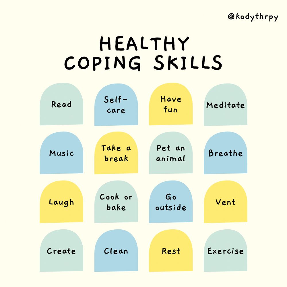A pastel graphic titled ‘Healthy Coping Skills’ with 16 rounded blocks in soft blue, yellow, and green. Each block lists a coping skill: ‘Read,’ ‘Self-care,’ ‘Have fun,’ ‘Meditate,’ ‘Music,’ ‘Take a break,’ ‘Pet an animal,’ ‘Breathe,’ ‘Laugh,’ ‘Cook or bake,’ ‘Go outside,’ ‘Vent,’ ‘Create,’ ‘Clean,’ ‘Rest,’ and ‘Exercise.’ The design is simple and calming, with the handle @kodythrpy in the corner