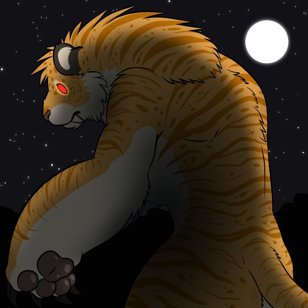 A massive weretiger covered in stripes looms over a quiet countryside. Whether it is larger than the trees or not is up to the viewer.