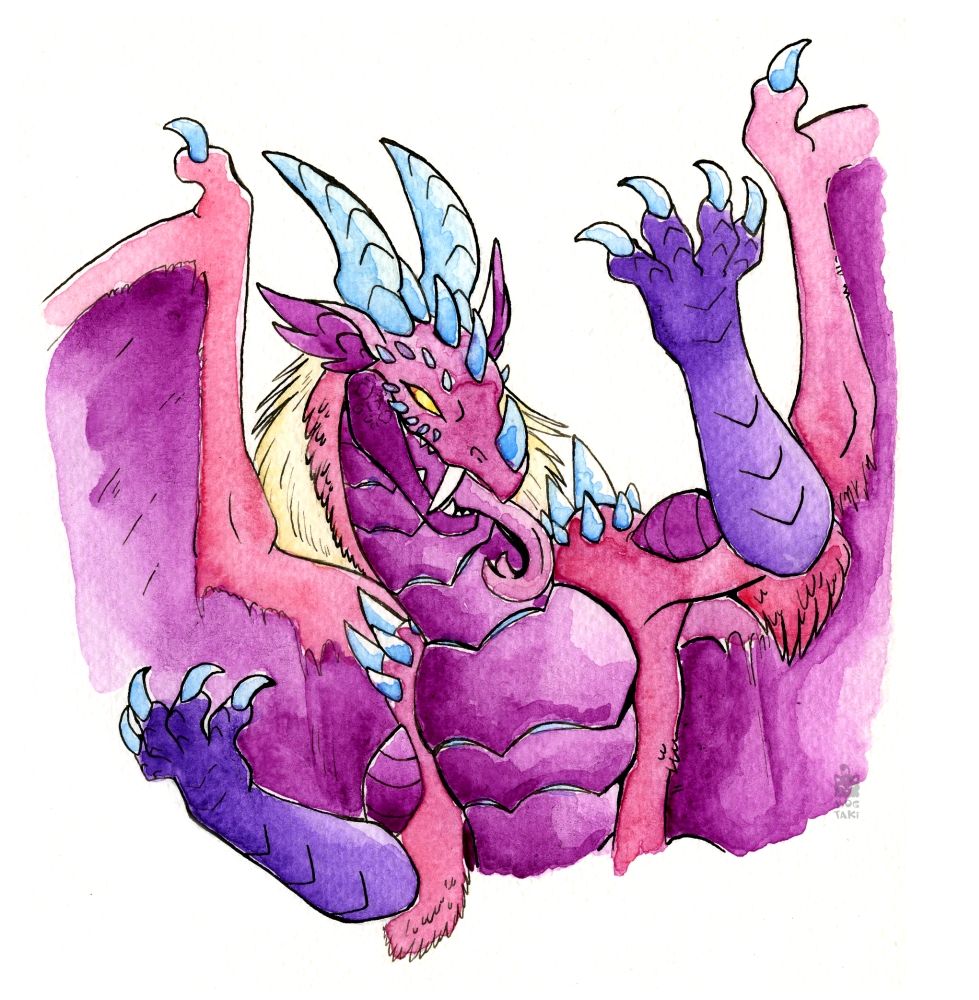 The bust of a were-dragon done with watercolour and a dip pen. It stands with a slightly tilted pose as it admires its large claws, it's tongue whipping out at a great length.