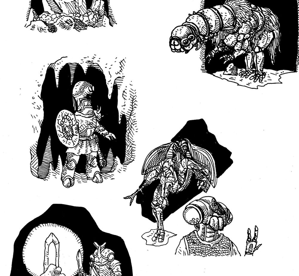 Various drawings by the talented Hodag depict anthropomorphic arthropods from the Bug & Claw setting. They are exploring dungeons, viewing crystals, and taking up arms.