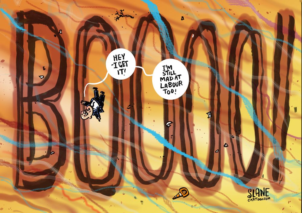 "Hey I get it - I'm still mad at Labour too!" Luxon gets a giant 'boo' at the netball. #nzpol #cartoon #boohoo
