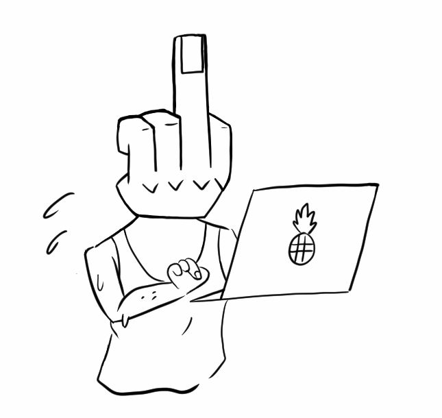 汗をかきながらパソコンを打つ人の頭が、手の形をしており、その手はパソコンに向かって中指を立てている。