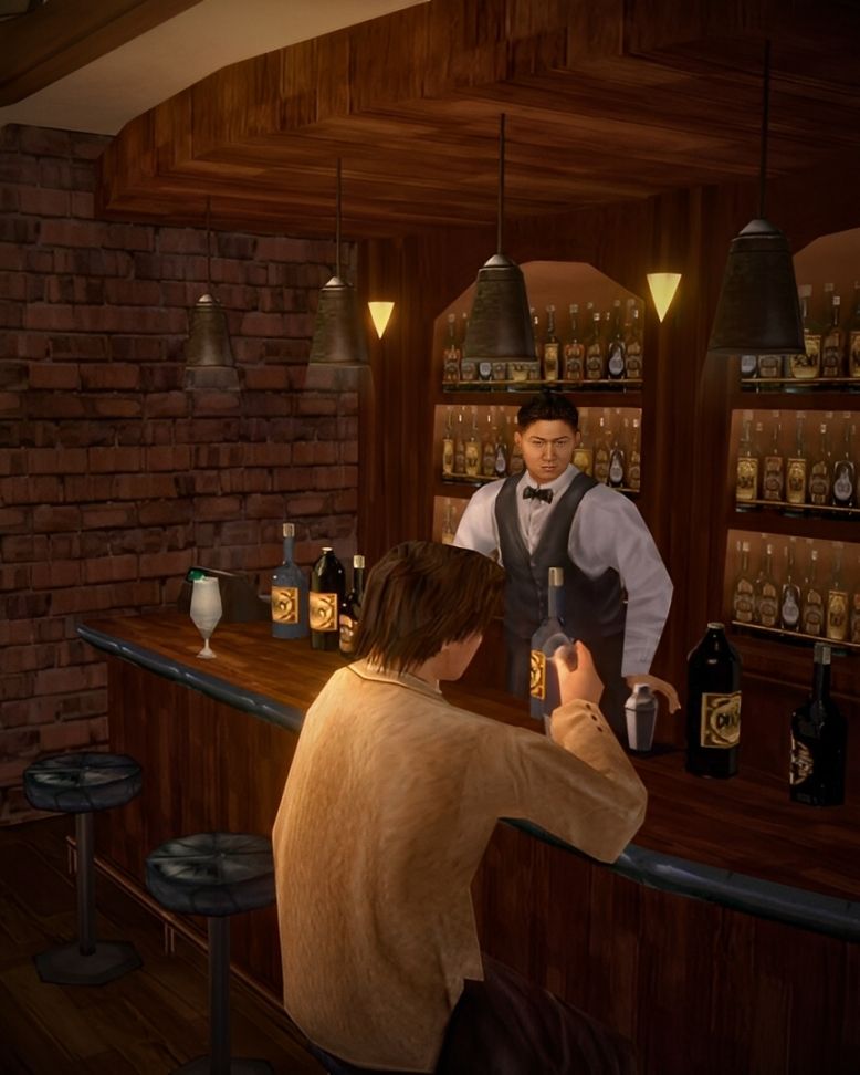 A screenshot from Shenmue showing the interior of a bar. A man sits in front of the bar and looks at a glass. A welldressed man stands behind the bar in front of drink racks. The lighting is low and the colour palette is mainly brown.