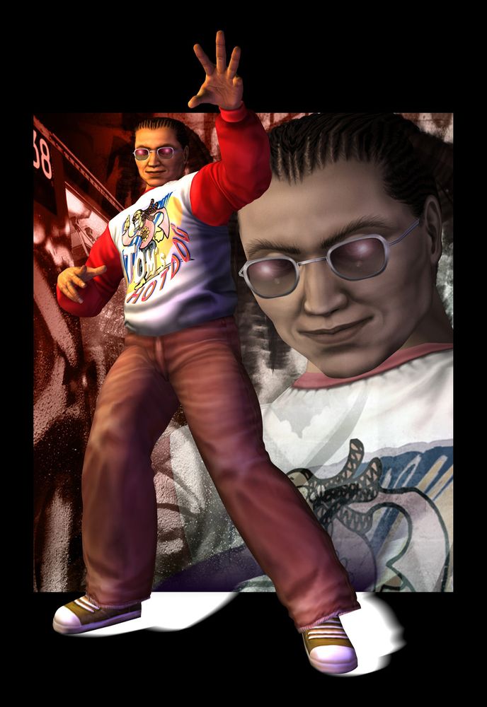 Artwork showing Tom from Shenmue. A full pose of Tom holding his left arm in the air is on the left-hand side of the image. A black and white close-up of Tom is on the right.