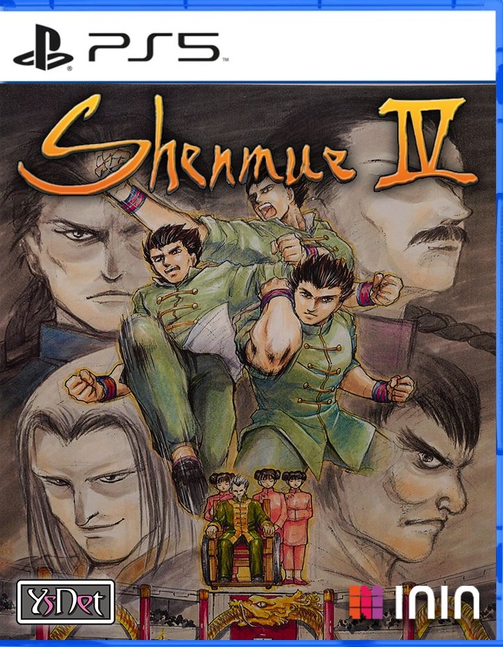 Mock-up of a PS5 cover for Shenmue IV, using concept art. Ryo Hazuki is featured 3 times in the centre in various training poses. 4 faces surround him, and more characters are in the bottom middle.