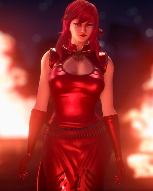 Screenshot from Shenmue III showing the character Niao Sun walking towards the camera. She is surrounded by flames behind her, and the night sky is just visible.