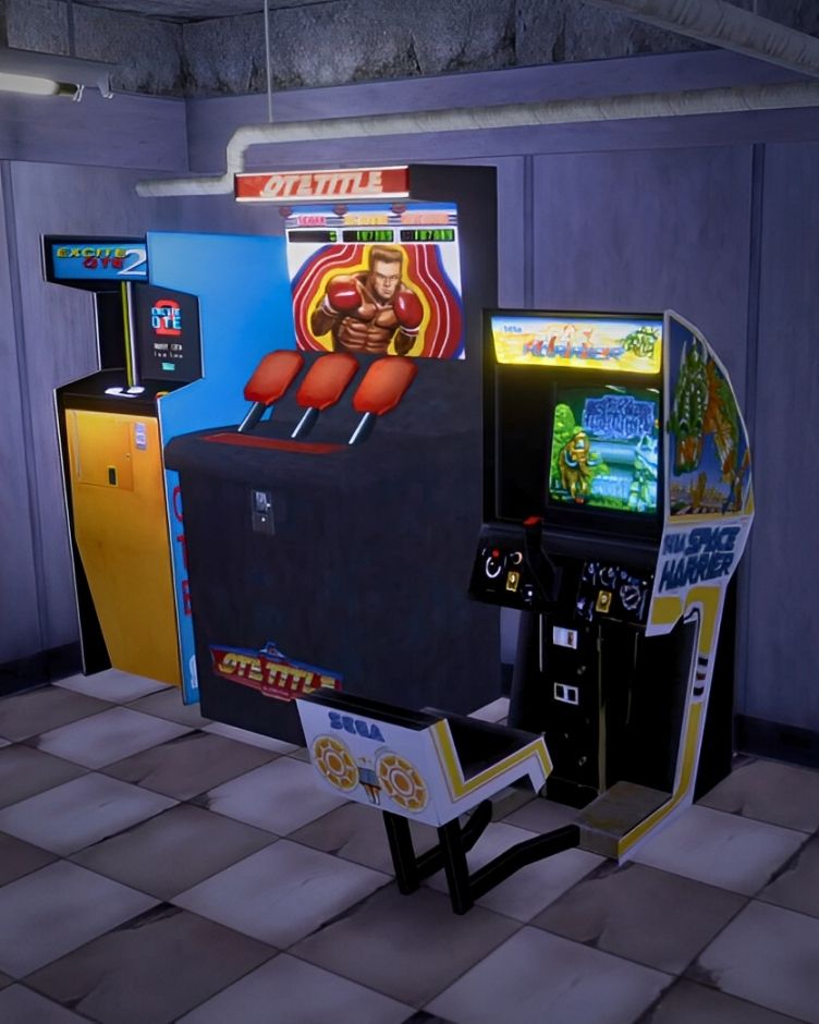 Screenshot from Shenmue. Three arcade cabinets stand against a grey wall. Excite QTE is on the left, QTE Title is in the middle, and Space Harrier is on the right.