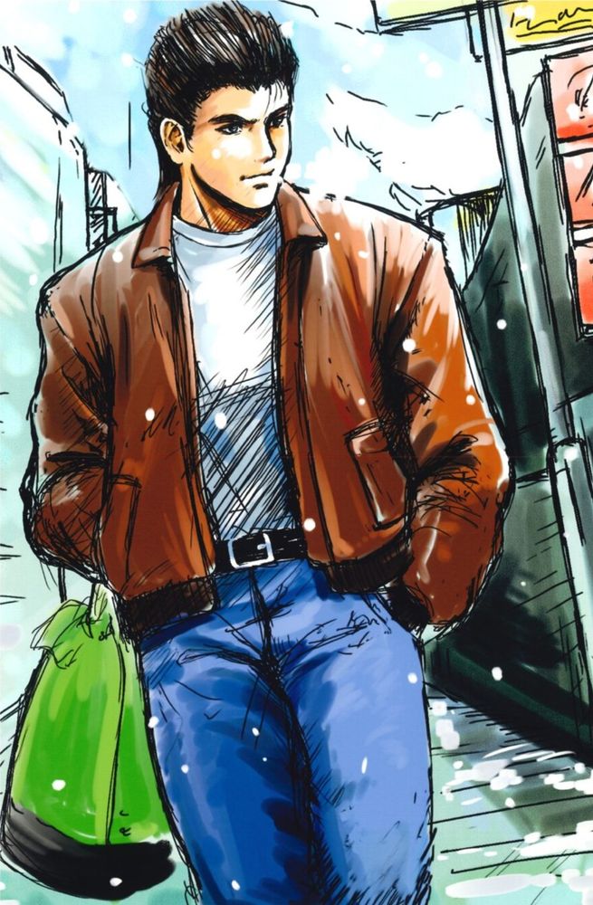 Concept artwork showing Ryo Hazuki walking through a street on a snowy day. He has both hands in his pockets and is carrying a green backpack.