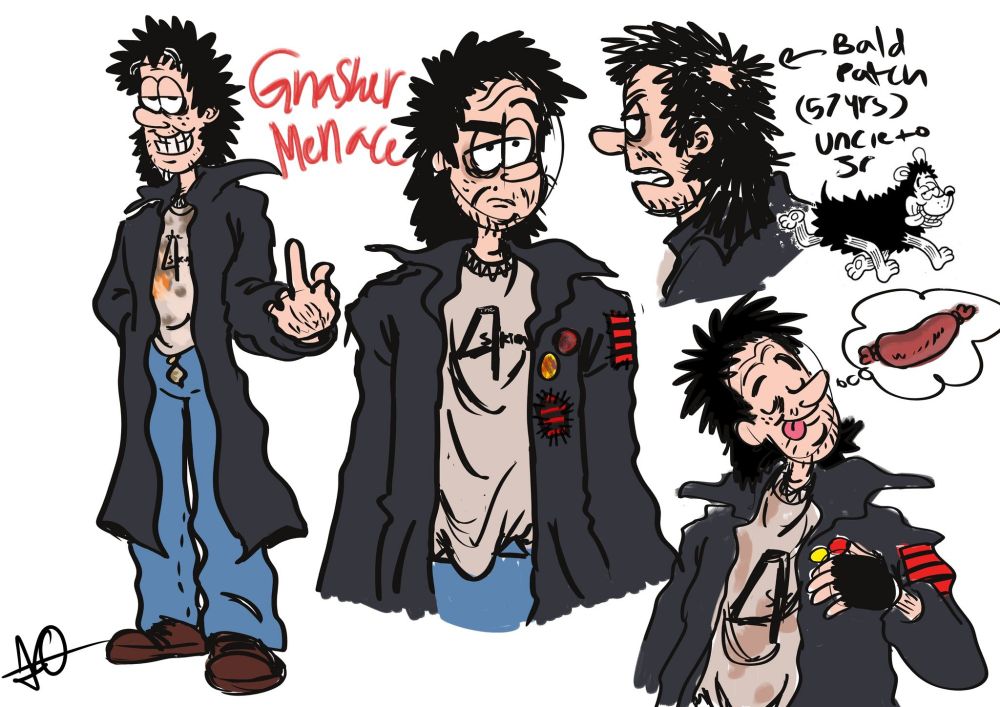 Various doodles of a human version of Gnasher, Dennis's trusty menace hound from the Beano comics.