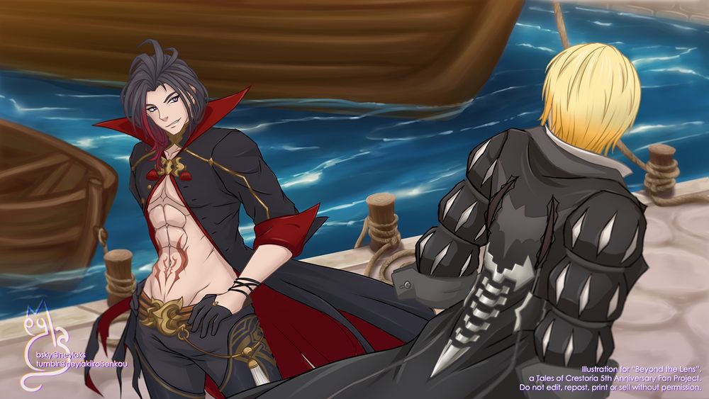 Digital fanart of Vicious (Tales of Crestoria) and Eizen (Tales of Berseria), inspired to their meeting in Crestoria's chapter 5.