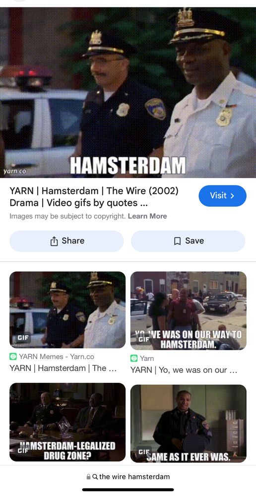 Bloke who posted couldn’t decide on a single photo to define ‘Hamsterdam’ from the acclaimed TV show “The Wire”, so he cheated by posting a screenshot with 5 images visible. It’s a great show, btw.