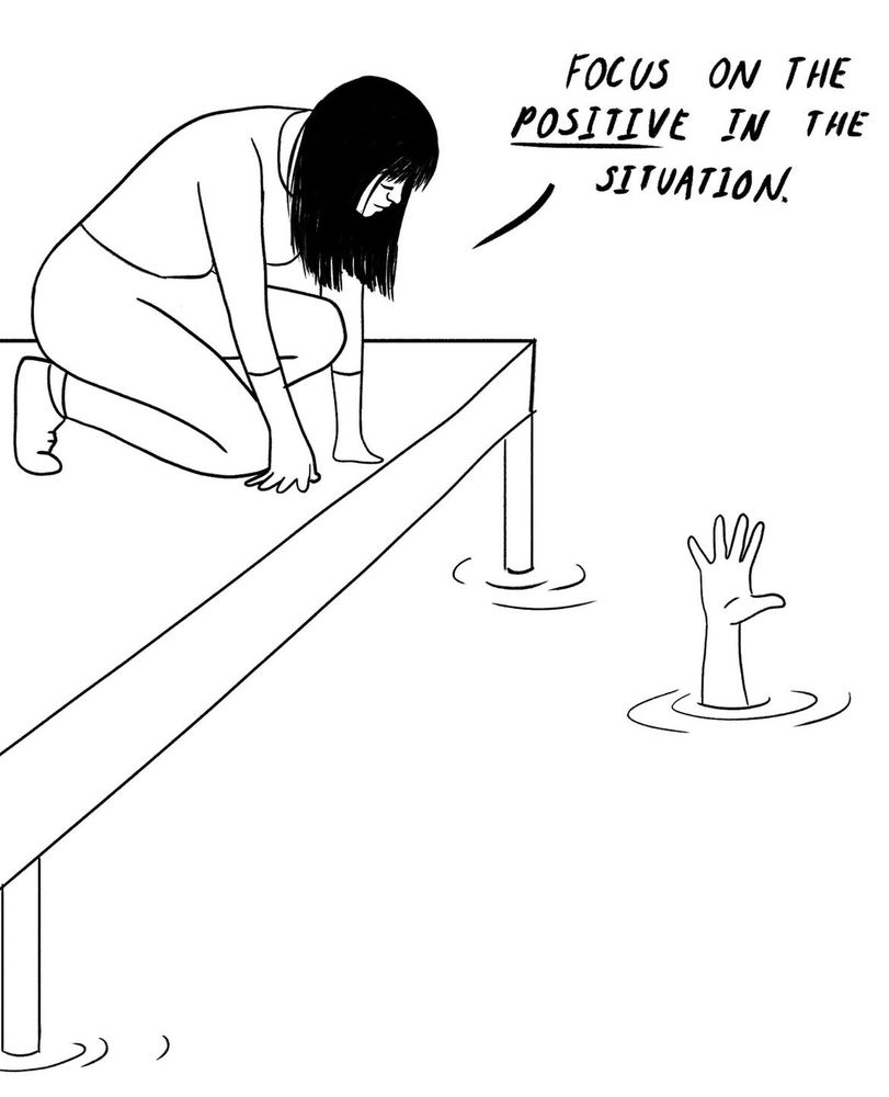 קרטון שמראה יד טובעת ומישהי שעומדת בצד ואומרת לה להתמקד בטוב שבסיטואציה