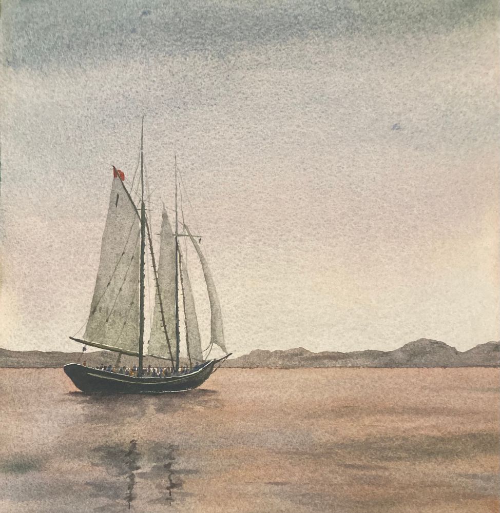 A watercolour painting of a two-masted schooner. The boat is sailing away from the viewer, across a placid bay. On her mizzen mast flies a Canadian flag. The atmosphere of the painting is calm and peaceful.  