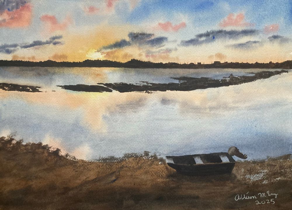 A watercolour painting of a sunrise. The sun is just peaking above the distant land across a still bay. The sky is dappled with dark purple and light pink, fluffy clouds. The water of the bay is still and reflects the light of the sun and the clouds. The water is broken by a dark sandbar in the mid ground. In the foreground is a brown sandy beach with a small boat with an outboard motor just on the sand. The overall mood of the scene is peaceful and calm. 