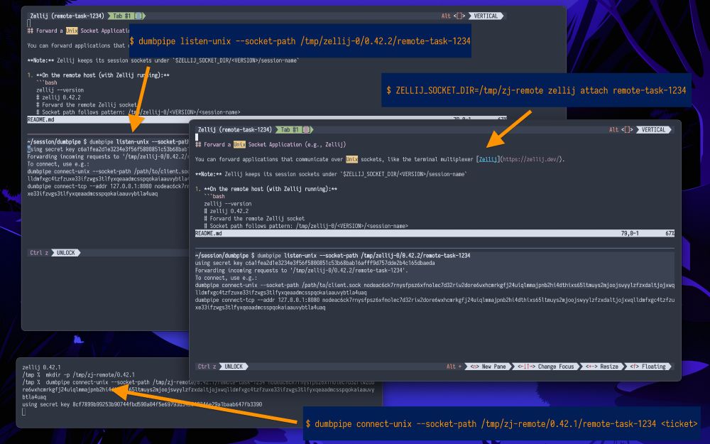 Using @iroh.computer 's dumbpipe to proxy a @zellij-dev.bsky.social session