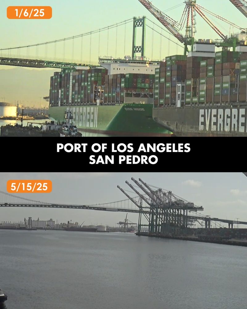 A view of the Port of Los Angeles on January 6, 2025 filled with ships carrying shipping containers. A shot from the same angle shows the same port empty on May 15, 2025.