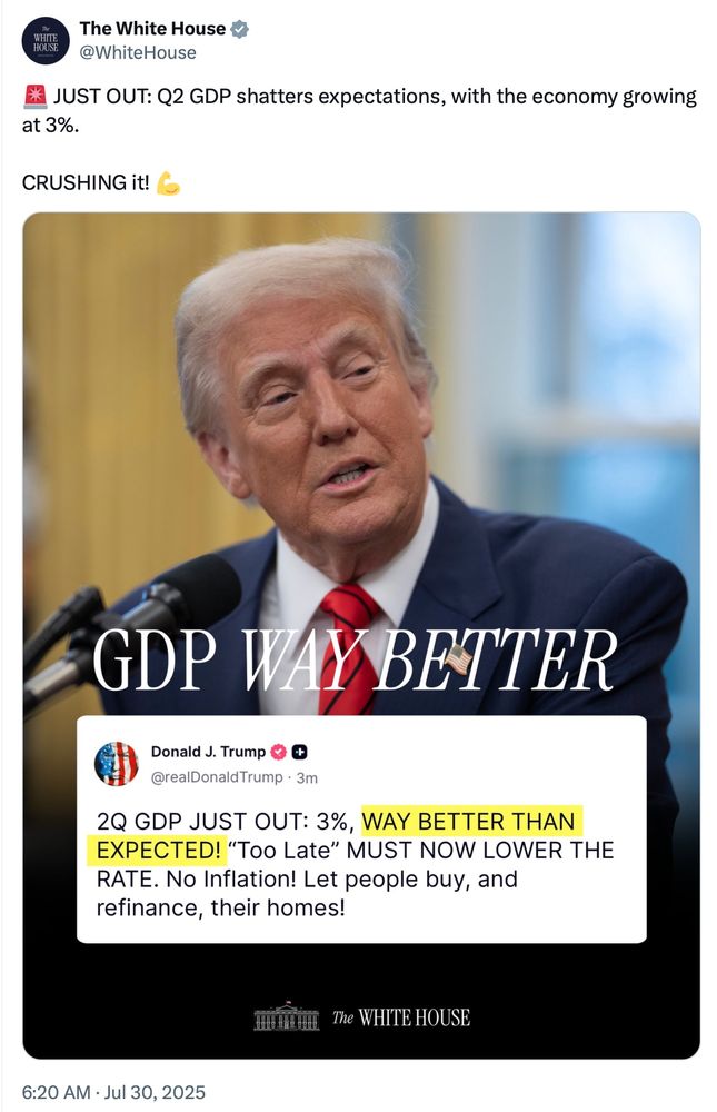 Tweet from @WhiteHouse showing a Donald Trump post on Truth Social: "2Q GDP JUST OUT: 3%, WAY BETTER THAN EXPECTED! 'Too Late' MUST NOW LOWER THE RATE. No Inflation! Let people buy, and refinance, their homes!"