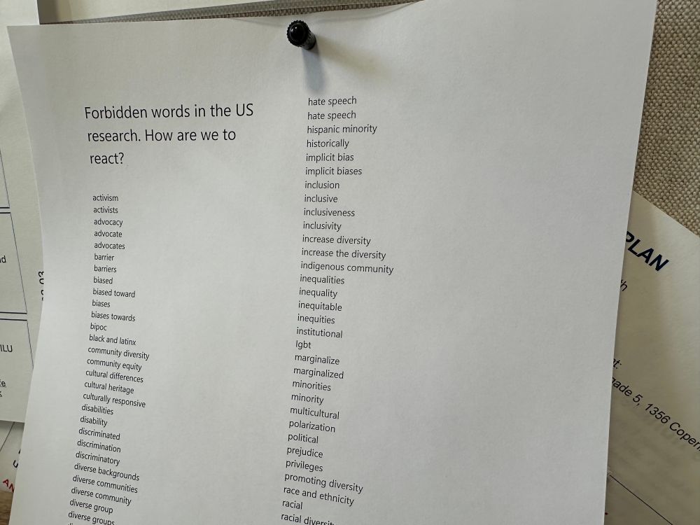 A long list of words starting with “activism, activist, advocacy, advocates, barrier, barriers, bias…” Headline: “Forbidden words in the US research. How are we to react?”
