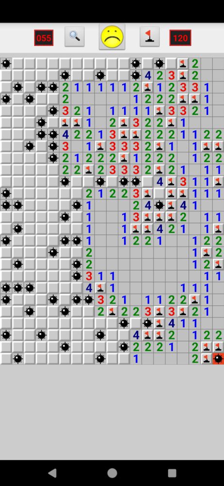 Minesweeper game over screen with a 2x2 square in the corner of all bombs 3 with number indicators flagged the one without any indicator is the exploded one