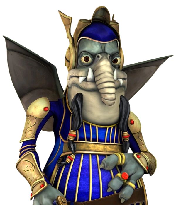A toydarian, the alien species of which noted slaveowner and mechanic shop owner is a member, wearing royal blue and gold armor with some kind of winged helmet. Oh yeah also he’s got some kind of (facial?) hair things that look like payes