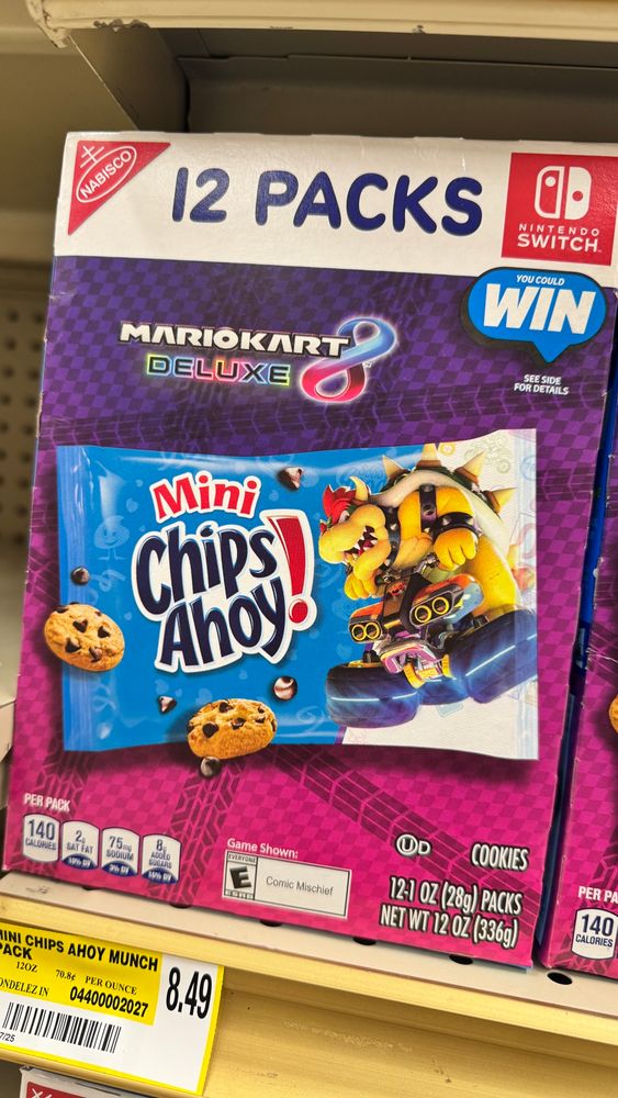 Display packaging of Chips Ahoy mini cookies with Mario Kart theming - a Mario Kart Bowser is shown on the packaging
