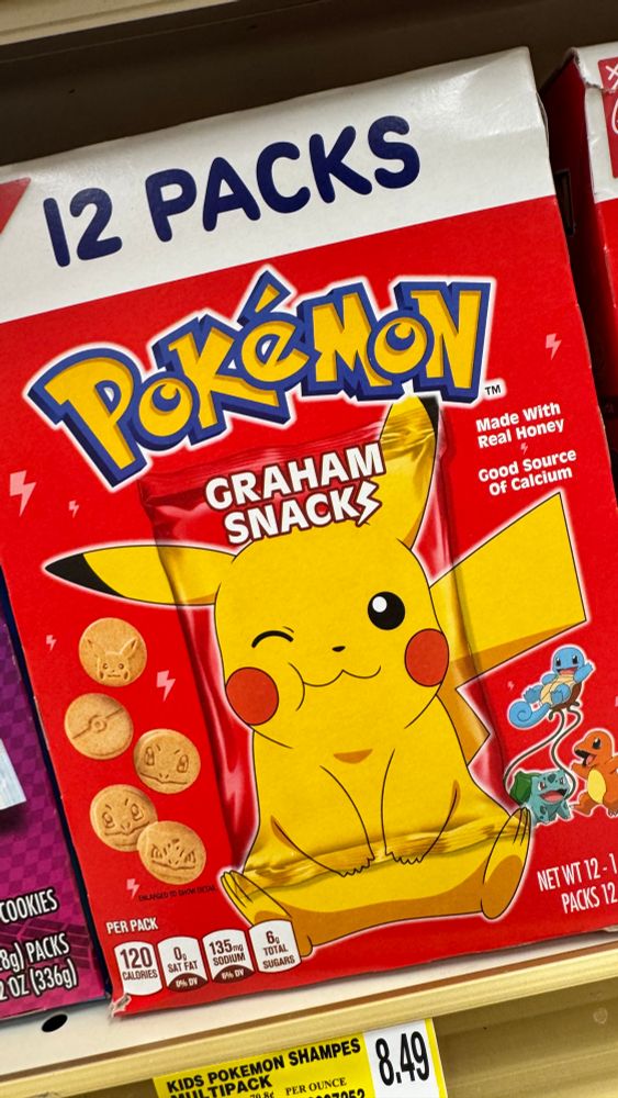 Display packaging of Pokemon Graham Cracker cookie snacks with pokemon theming - a Pikachu is shown on the package
