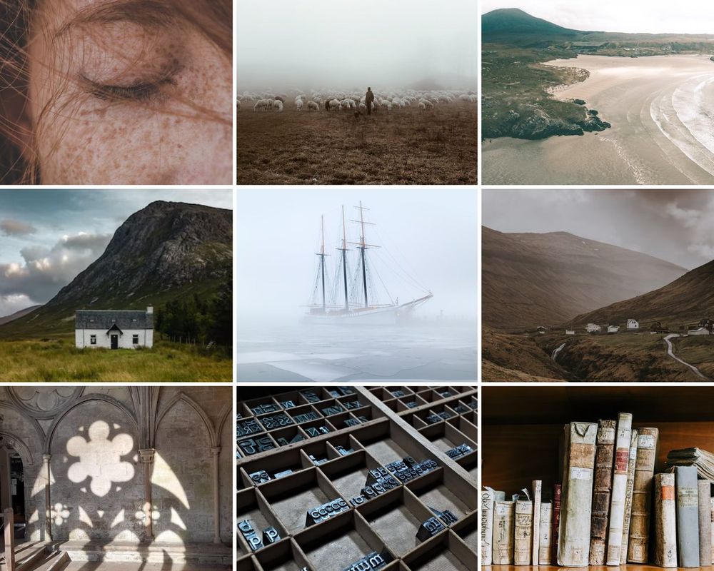 A collage of photos, three by three. In the top row, from left to right: a close-up of a red-haired woman with her only visible eye closed, a shepherd among his sheep on a misty morning, and a drone shot of a Scottish beach with a hill in the background. In the middle row, a white house set at the foot of a green mountain, a pale ship in icy waters, and a misty glen with a village by the river. In the bottom row, the shadows of a church-like window in a cloisters, a case of type for a printing press, and a shelf of pale, worn leatherbound books.