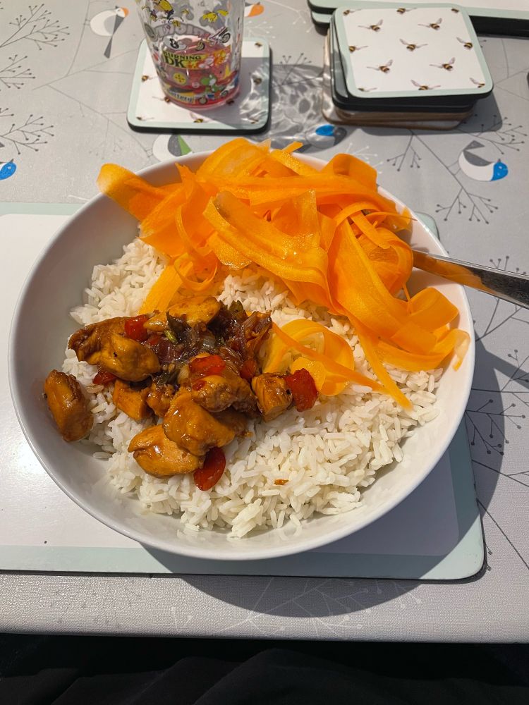 Honey-soy chicken served as a donburi, with spring onion, red pepper, and sliced raw carrot.
