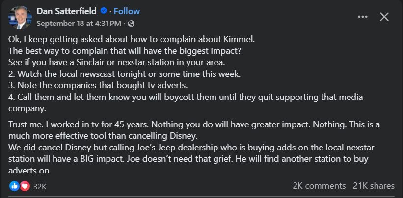 How to complain about Kimmel:
See what companies advertise on your Sinclair or nexstar TV station this week. Then call them and let them know you will boycott them until they quit supporting that media company.