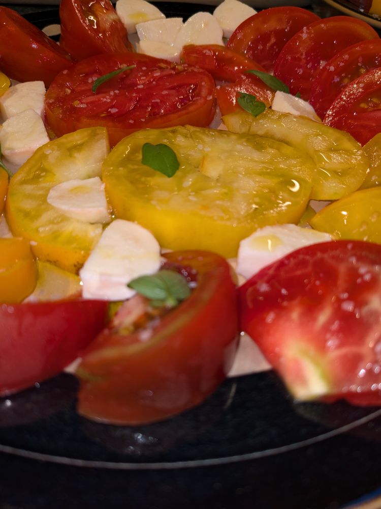 A closeup of the plate. The tomatoes glisten with juice, flecked with kosher salt. Drops of light green olive oil perch atop small white pieces of fresh mozzarella. The darker green basil leaves provide a garnish.