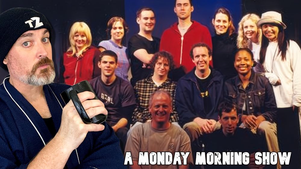A thumbnail that promotes one man's silly podcast shows him in the far left corner in a bathrobe and beanie while pretending to drink coffee. The picture he is layered over depicts a 2002-era Groundlings class photo that includes 12 really funny people and the podcast host. 