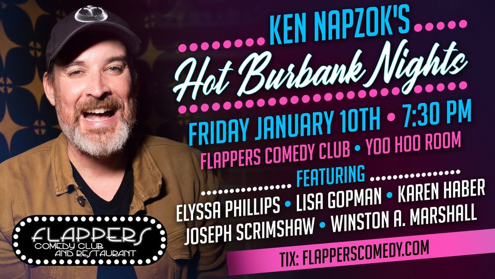 A man with a graying beard opens his mouth wide as if to say "Are you a Del Taco meal?" To the right of him is promo text that reads "Ken Napzok's Hot Burbank Nights. Friday, January 10th, 7:30 PM. Flappers Comedy Club * Yoo Hoo Room featuring Elyssa Phillips, Lisa Gopman, Karen Haber, Joseph Scrimshaw, Winston A. Marshall. Tickets are available on flapperscomedy.com. 

The man also wears a Star Wars hat with the Rebel Insignia on it because he hates fascism. 