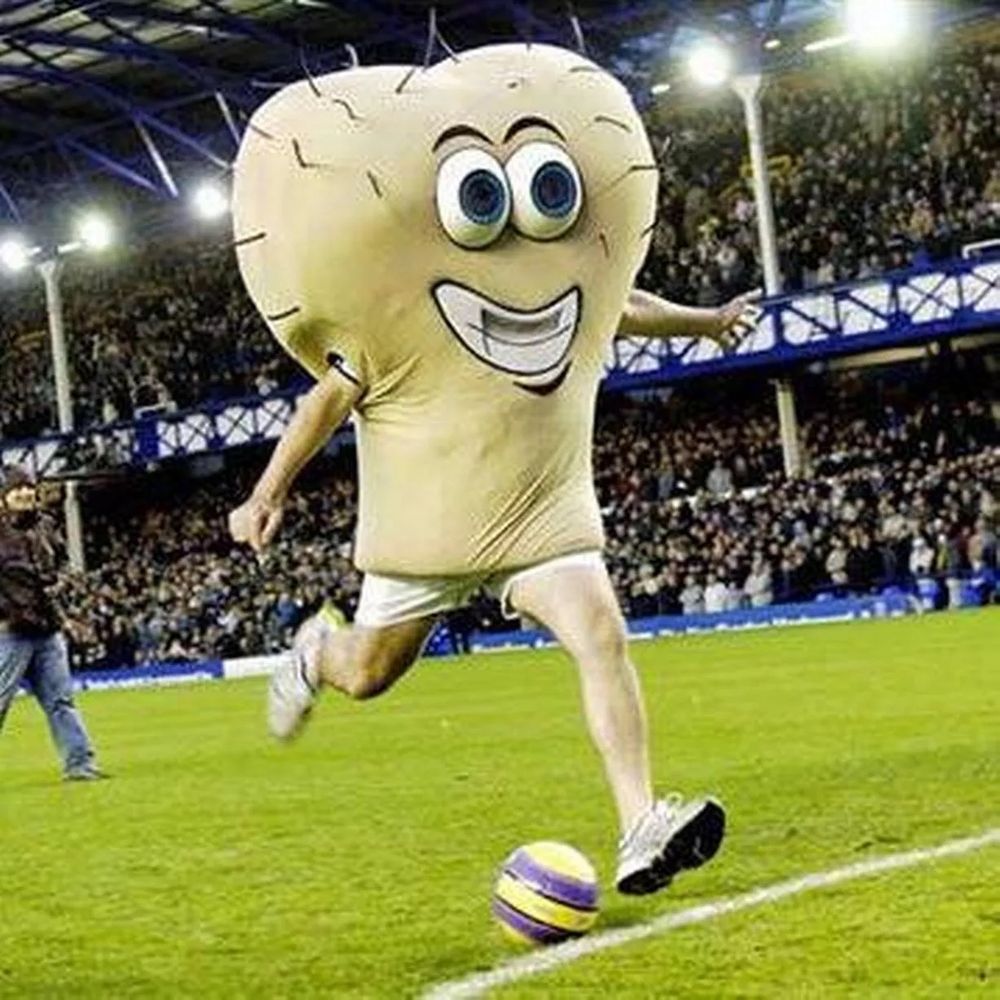 Mr Testicles about to kick a football at a football ground 
