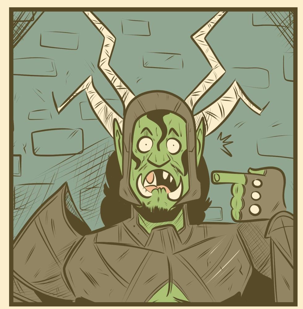 Panel by Lane Lloyd featuring an armoured orc looking surprised to be the centre of attention.