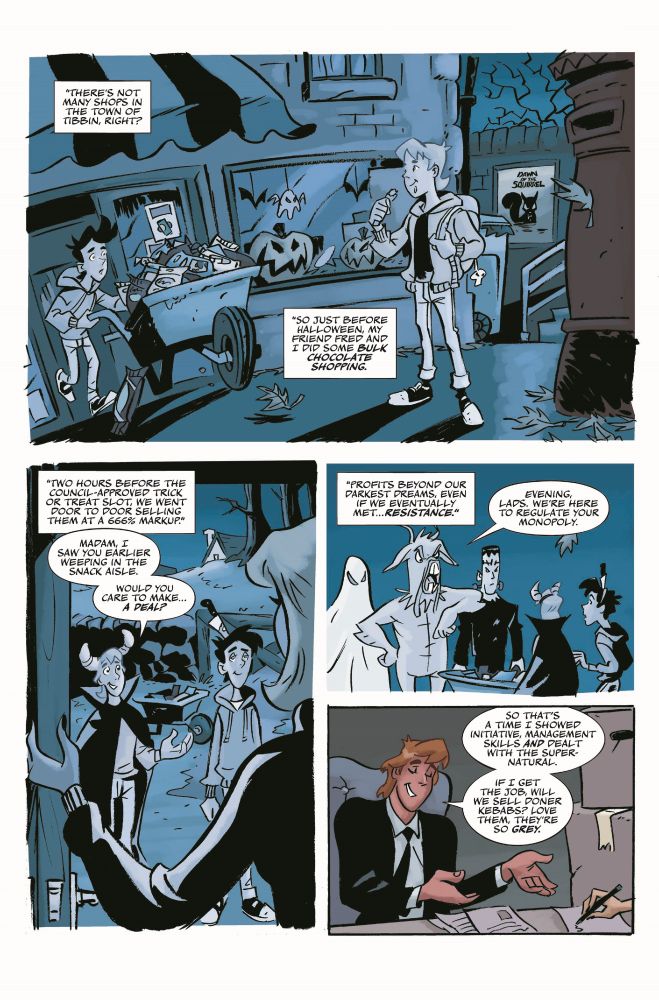 First page of Death of a Necromancer book, in which two kids try to fence sweets from the local shop and get beaten up. By Nick Bryan, Robert Ahmad, David Cooper and DC Hopkins.