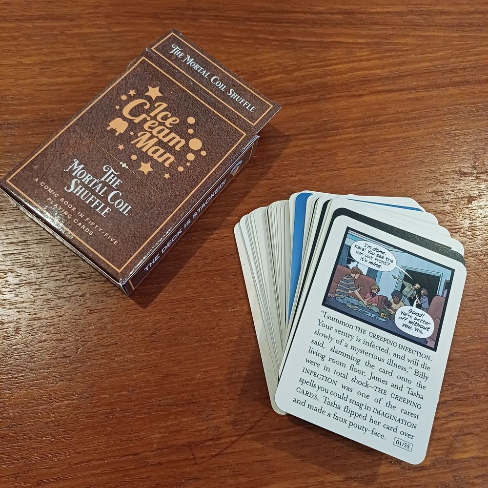 My deck of Ice Cream Man: Mortal Coil Shuffle cards next to their box.